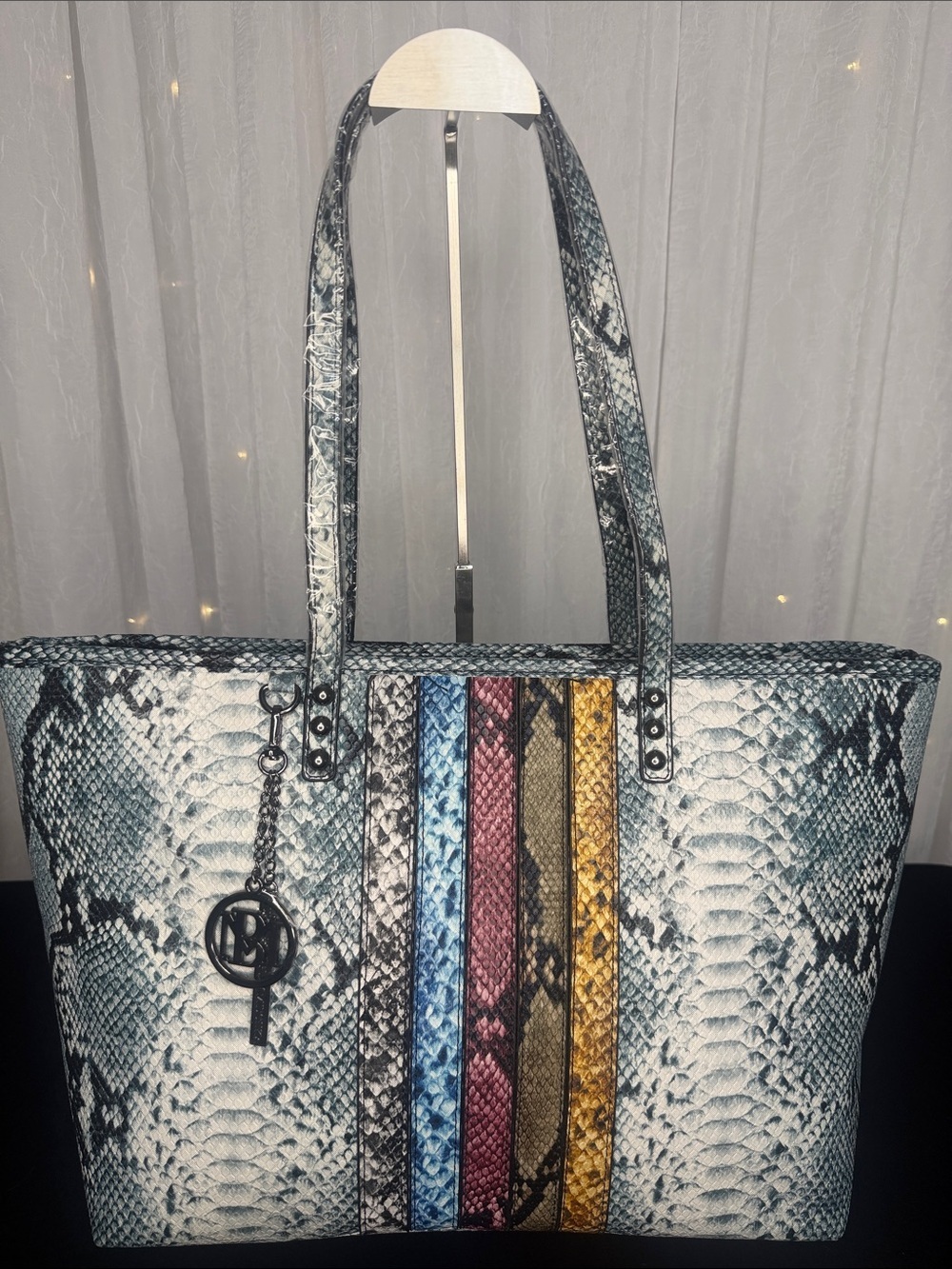 Python-Texture Tote with Multicolor Stripe Accents
